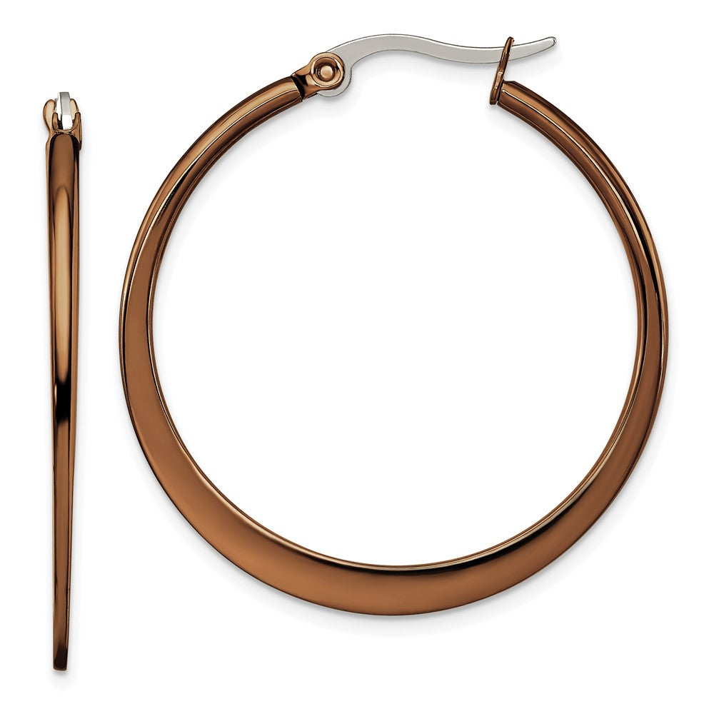 SRE419 Chisel Stainless Steel Polished Brown IP-plated 34mm Diameter Tapered Hoop Earrings
