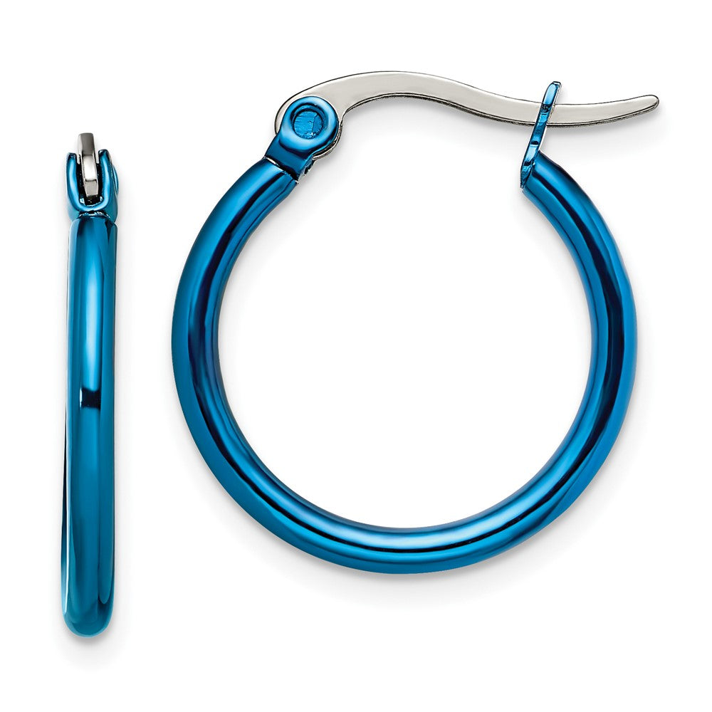SRE423 Chisel Stainless Steel Polished Blue IP-plated 19mm Diameter 2mm Hoop Earrings