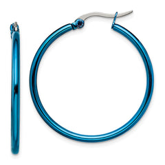 SRE425 Chisel Stainless Steel Polished Blue IP-plated 32mm Diameter 2mm Hoop Earrings
