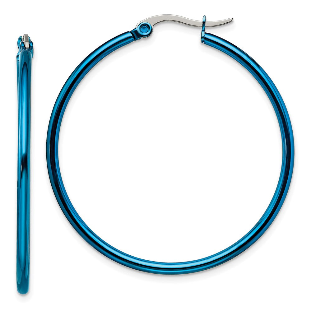 SRE426 Chisel Stainless Steel Polished Blue IP-plated 42mm Diameter 2mm Hoop Earrings