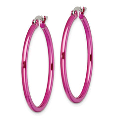 SRE432 Chisel Stainless Steel Polished Pink IP-plated 32mm Diameter 2mm Hoop Earrings