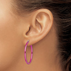 SRE432 Chisel Stainless Steel Polished Pink IP-plated 32mm Diameter 2mm Hoop Earrings