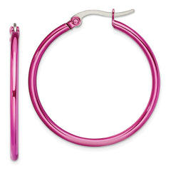 SRE432 Chisel Stainless Steel Polished Pink IP-plated 32mm Diameter 2mm Hoop Earrings