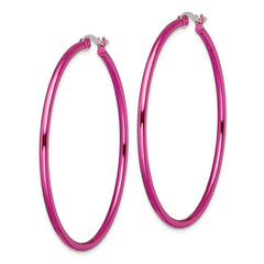 SRE434 Chisel Stainless Steel Polished Pink IP-plated 48mm Diameter 2mm Hoop Earrings