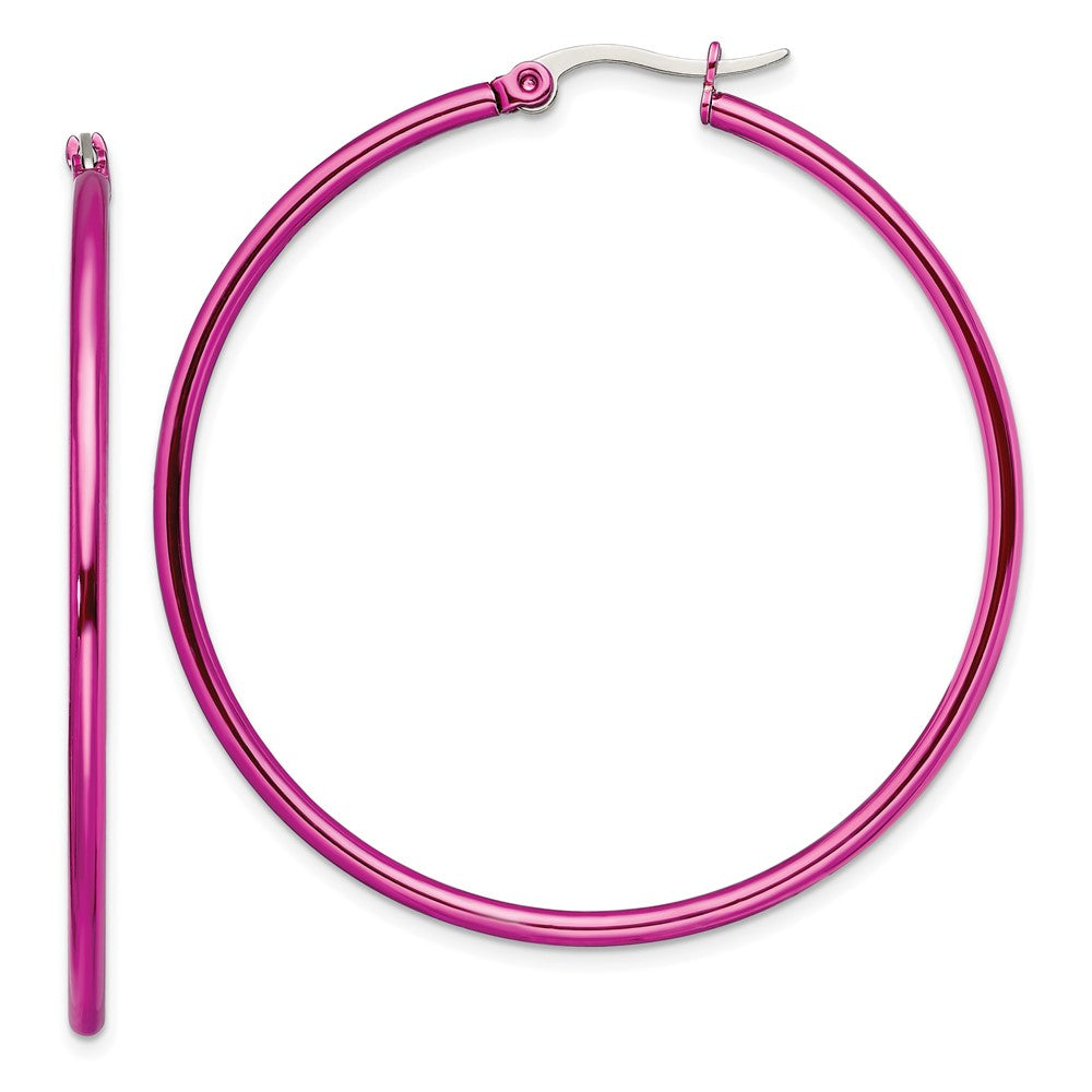SRE434 Chisel Stainless Steel Polished Pink IP-plated 48mm Diameter 2mm Hoop Earrings