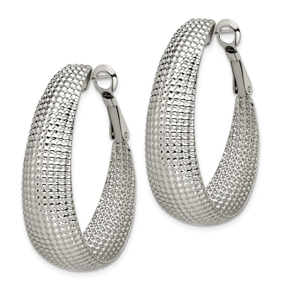 SRE488 Chisel Stainless Steel Polished and Textured Oval Omega Back Hoop Earrings