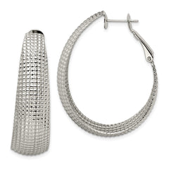 SRE488 Chisel Stainless Steel Polished and Textured Oval Omega Back Hoop Earrings