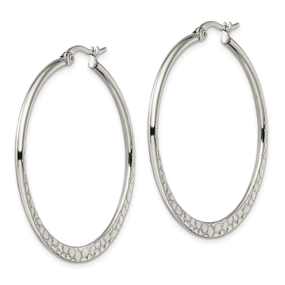 SRE494 Chisel Stainless Steel Polished and Textured 40mm Diameter Hoop Earrings