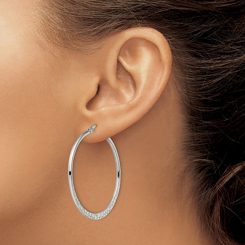 SRE494 Chisel Stainless Steel Polished and Textured 40mm Diameter Hoop Earrings