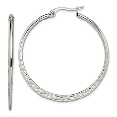 SRE494 Chisel Stainless Steel Polished and Textured 40mm Diameter Hoop Earrings