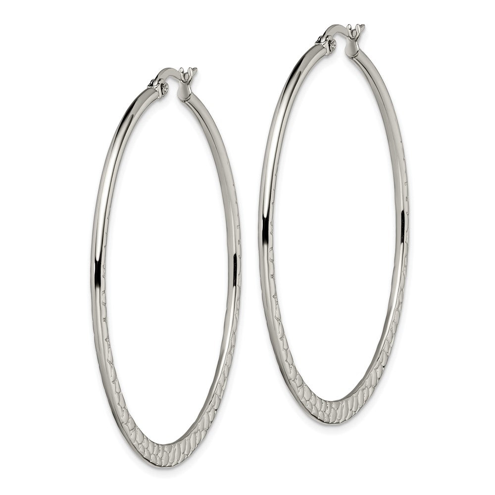 SRE495 Chisel Stainless Steel Polished and Textured 50mm Diameter Hoop Earrings