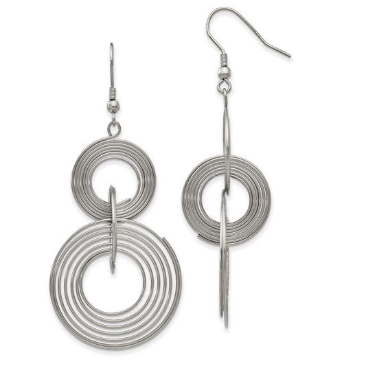 SRE497 Chisel Stainless Steel Polished Multiple Circle Dangle Shepherd Hook Earrings