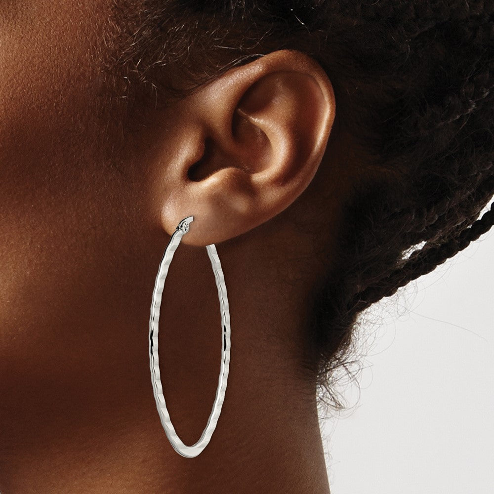 SRE503 Chisel Stainless Steel Polished and Textured Oval Hoop Earrings