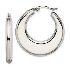 SRE504 Chisel Stainless Steel Polished 35mm Diameter Hollow Hoop Earrings