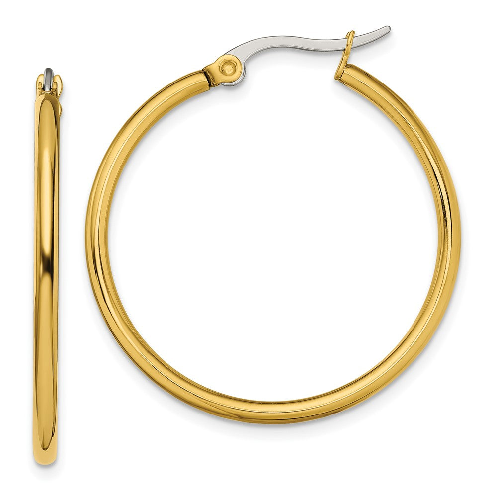 SRE560 Chisel Stainless Steel Polished Yellow IP-plated 32mm Diameter 2mm Hoop Earrings