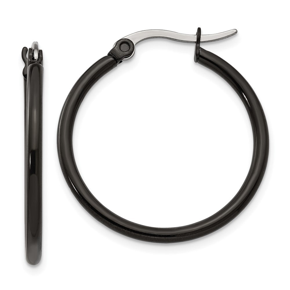 SRE566 Chisel Stainless Steel Polished Black IP-plated 26mm Diameter 2mm Hoop Earrings