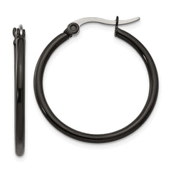 SRE566 Chisel Stainless Steel Polished Black IP-plated 26mm Diameter 2mm Hoop Earrings