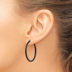 SRE567 Chisel Stainless Steel Polished Black IP-plated 32mm Diameter 2mm Hoop Earrings