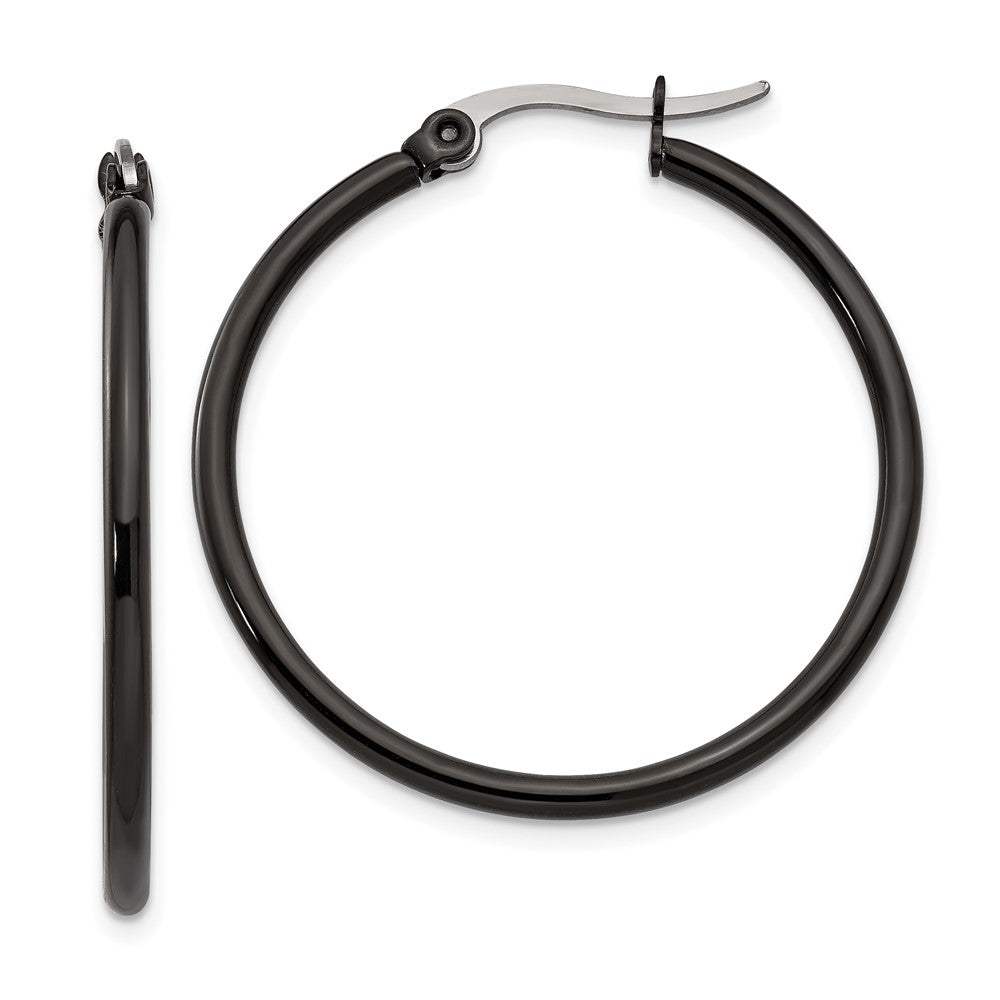 SRE567 Chisel Stainless Steel Polished Black IP-plated 32mm Diameter 2mm Hoop Earrings