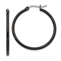 SRE567 Chisel Stainless Steel Polished Black IP-plated 32mm Diameter 2mm Hoop Earrings