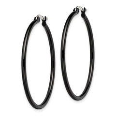 SRE568 Chisel Stainless Steel Polished Black IP-plated 40mm Diameter 2mm Hoop Earrings