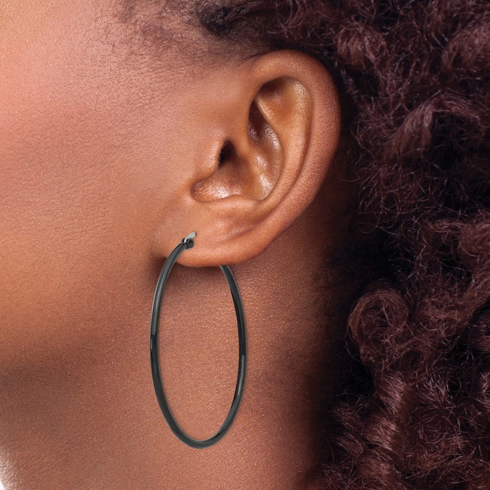 SRE569 Chisel Stainless Steel Polished Black IP-plated 48mm Diameter 2mm Hoop Earrings