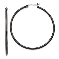 SRE569 Chisel Stainless Steel Polished Black IP-plated 48mm Diameter 2mm Hoop Earrings