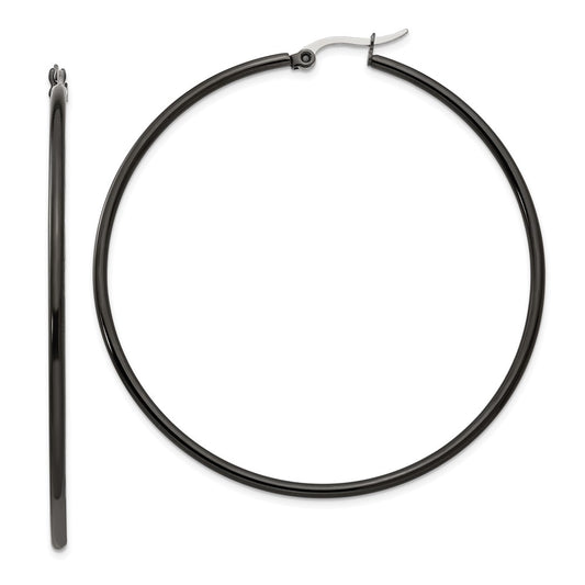 SRE570 Chisel Stainless Steel Polished Black IP-plated 60mm Diameter 2mm Hoop Earrings