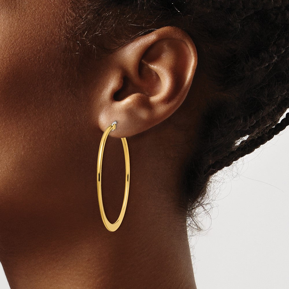 SRE573 Chisel Stainless Steel Polished Yellow IP-plated Tapered 43mm Diameter Hoop Earrings