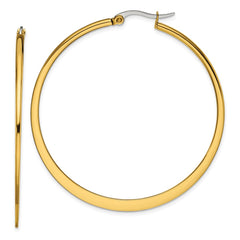 SRE574 Chisel Stainless Steel Polished Yellow IP-plated Tapered 50mm Diameter Hoop Earrings