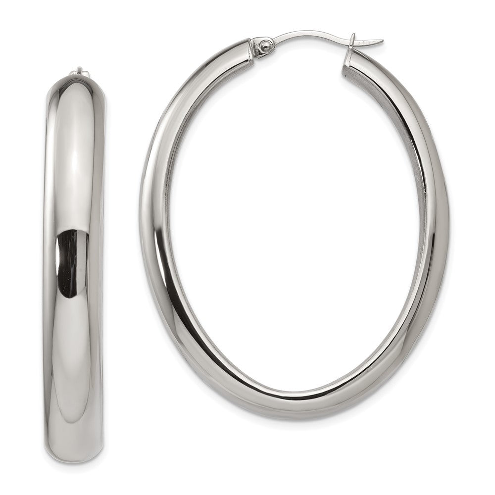 SRE645 Chisel Stainless Steel Polished Hollow Oval Hoop Earrings