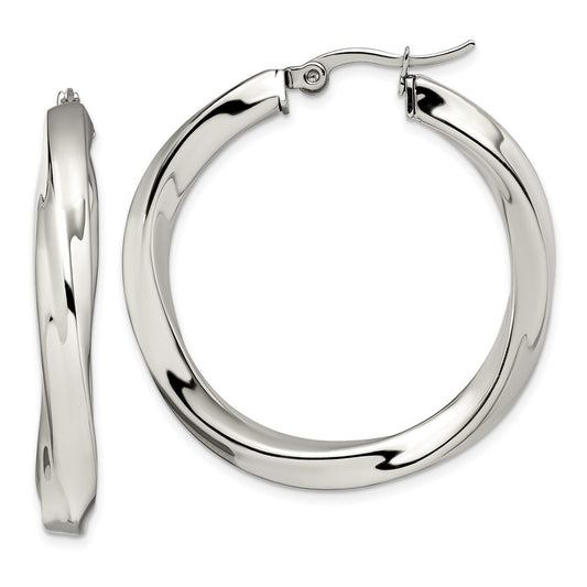 SRE646 Chisel Stainless Steel Polished Hollow Twisted Hoop Earrings