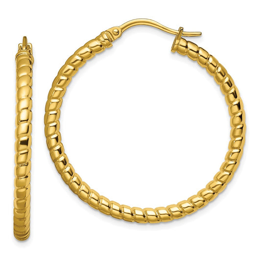 SRE648 Chisel Stainless Steel Polished and Textured Yellow IP-plated Hollow Hoop Earrings