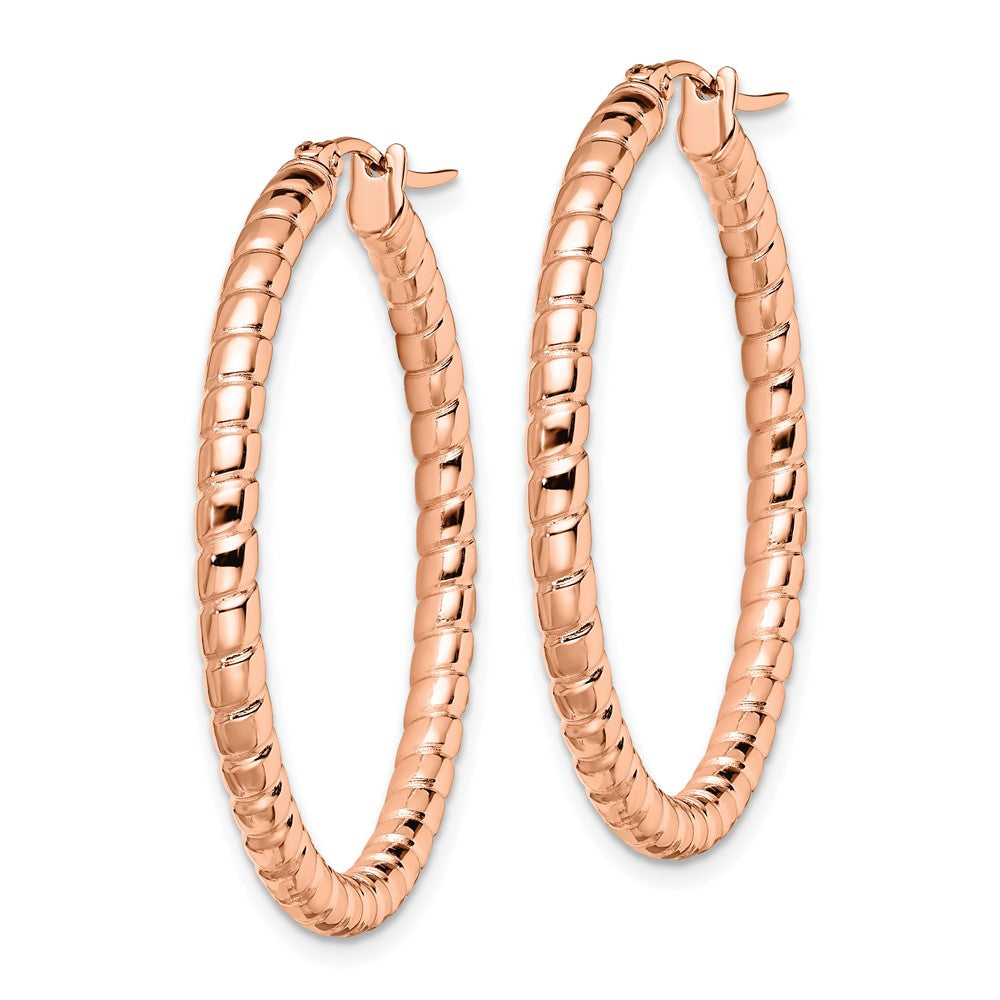 SRE649 Chisel Stainless Steel Polished and Textured Rose IP-plated Hollow Hoop Earrings