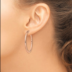 SRE649 Chisel Stainless Steel Polished and Textured Rose IP-plated Hollow Hoop Earrings