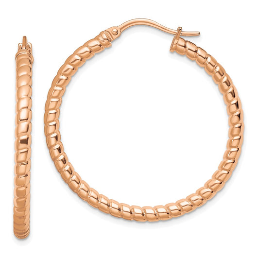 SRE649 Chisel Stainless Steel Polished and Textured Rose IP-plated Hollow Hoop Earrings