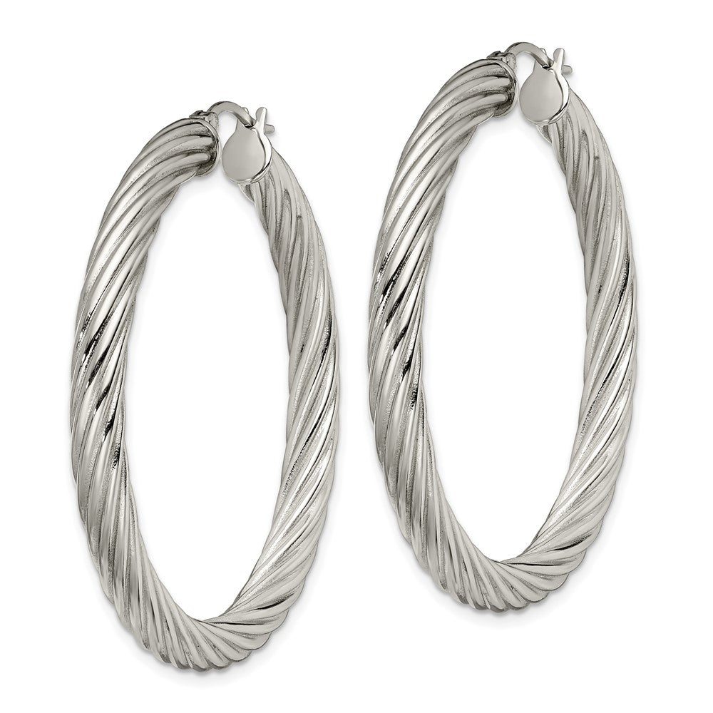 SRE655 Chisel Stainless Steel Polished and Textured Hollow Hoop Earrings