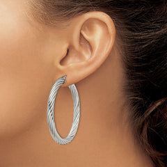 SRE655 Chisel Stainless Steel Polished and Textured Hollow Hoop Earrings