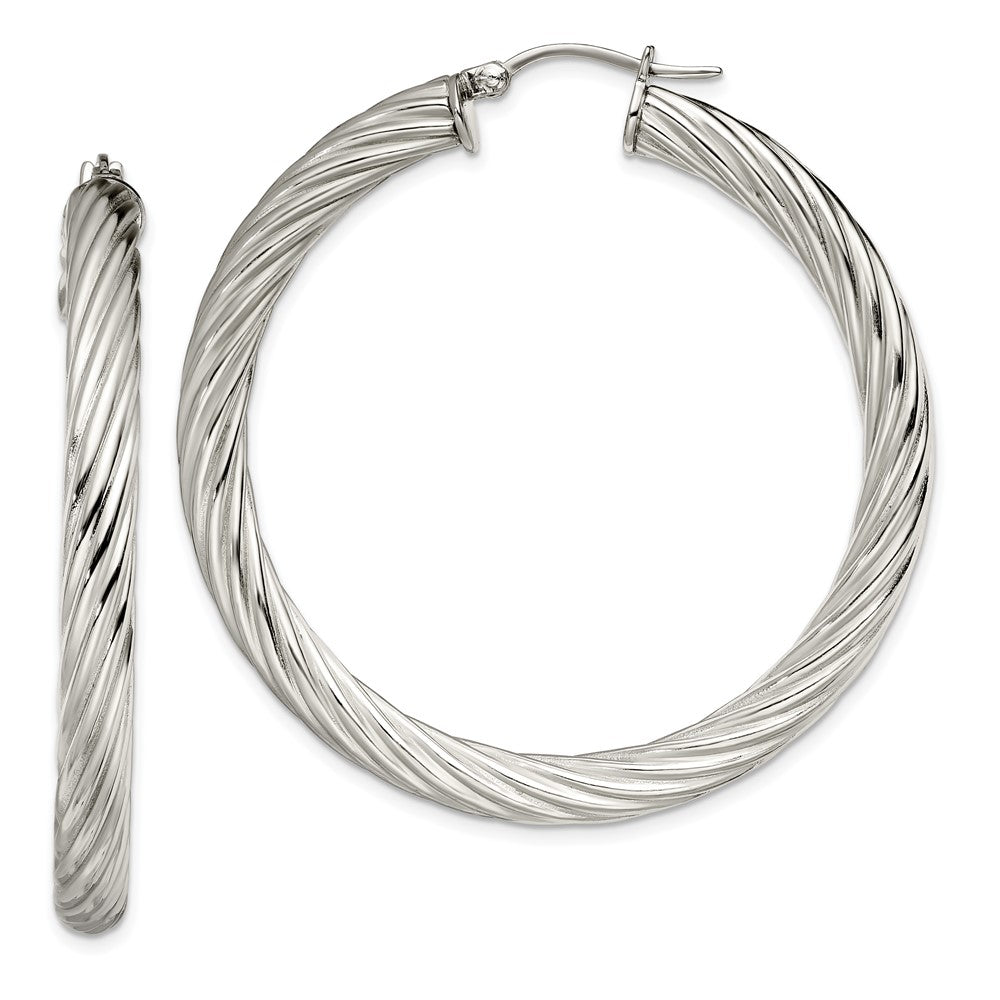 SRE655 Chisel Stainless Steel Polished and Textured Hollow Hoop Earrings