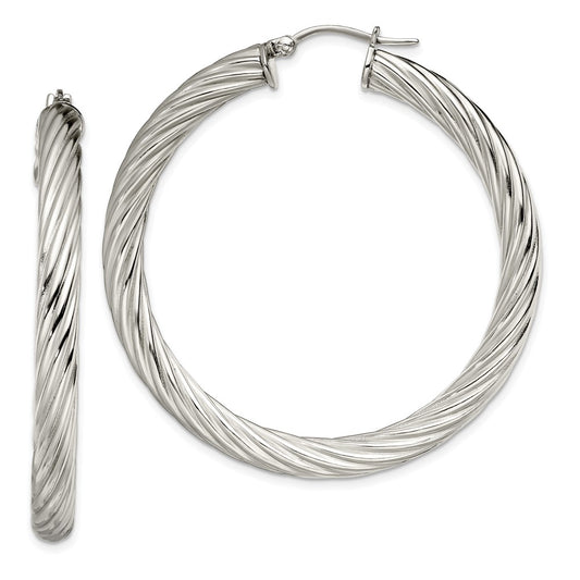 SRE655 Chisel Stainless Steel Polished and Textured Hollow Hoop Earrings