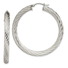 SRE655 Chisel Stainless Steel Polished and Textured Hollow Hoop Earrings