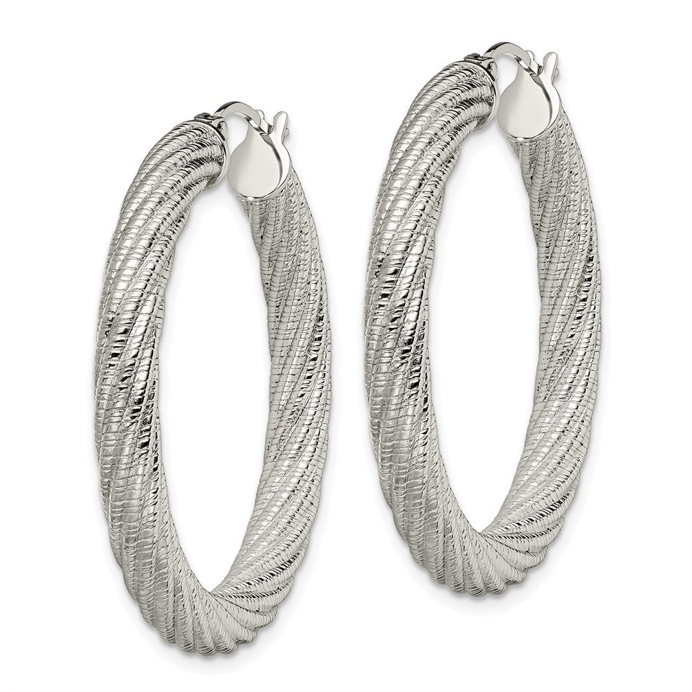 SRE656 Chisel Stainless Steel Polished and Textured Hollow Hoop Earrings