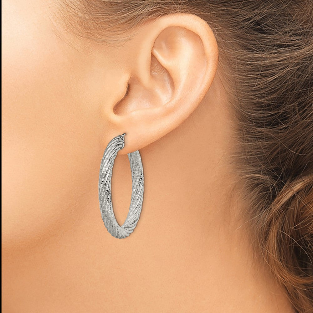 SRE656 Chisel Stainless Steel Polished and Textured Hollow Hoop Earrings