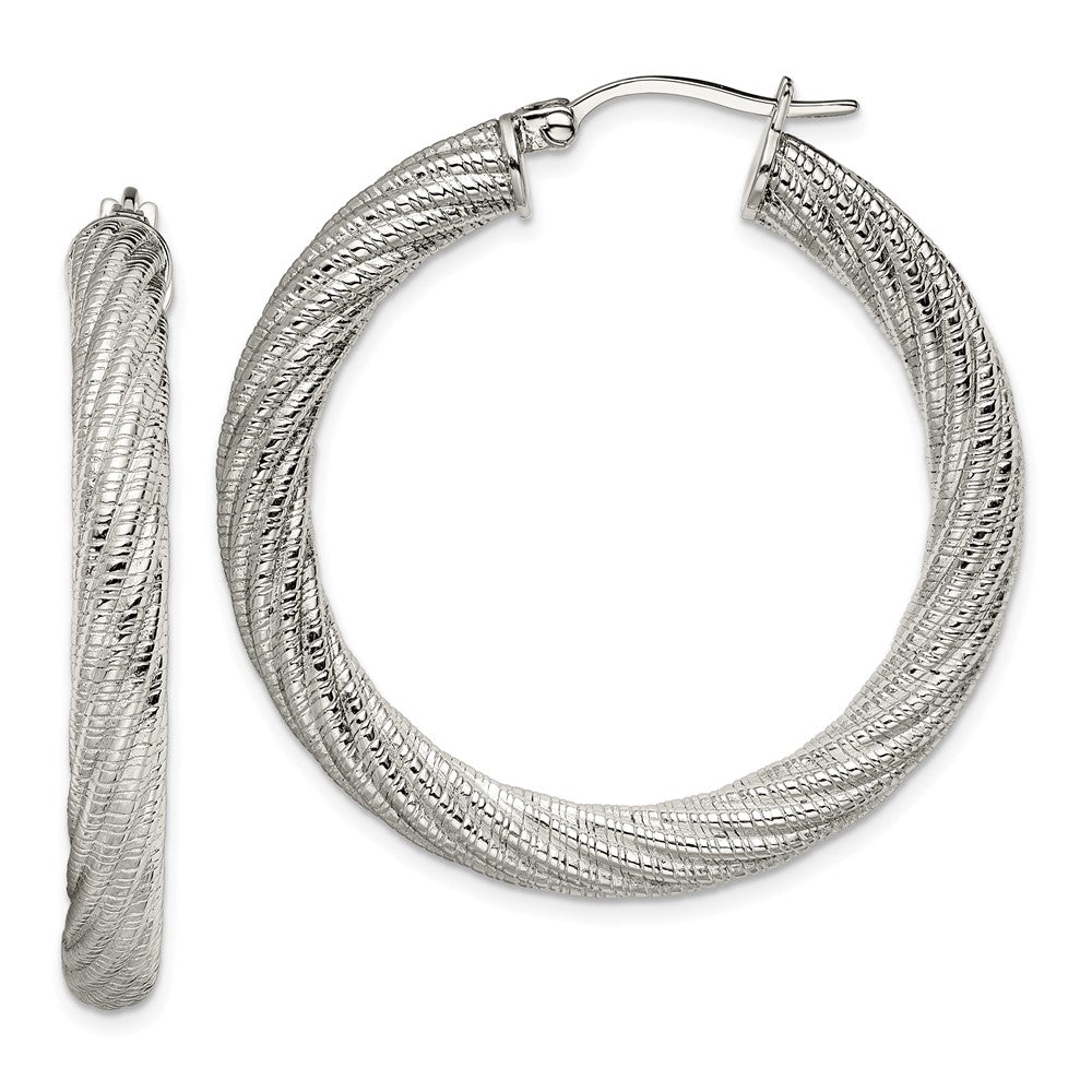 SRE656 Chisel Stainless Steel Polished and Textured Hollow Hoop Earrings