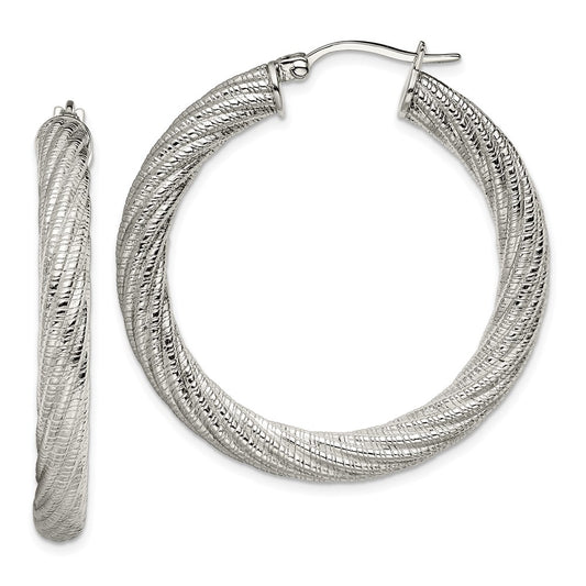 SRE656 Chisel Stainless Steel Polished and Textured Hollow Hoop Earrings