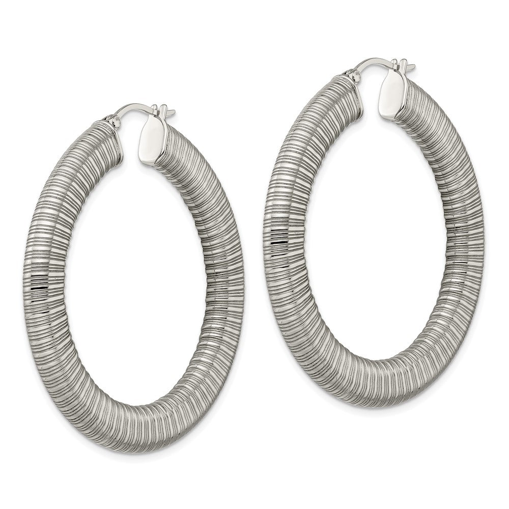 SRE672 Stainless Steel Polished and Textured Hollow Hoop Earrings