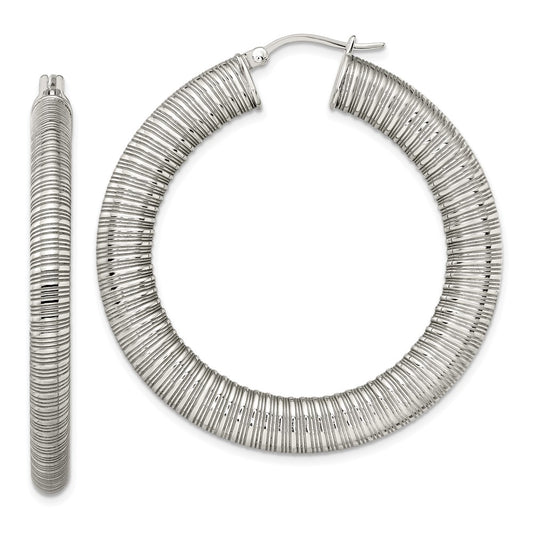 SRE672 Stainless Steel Polished and Textured Hollow Hoop Earrings
