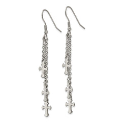 SRE908 Chisel Stainless Steel Polished Multi Strand Cross Dangle Shepherd Hook Earrings