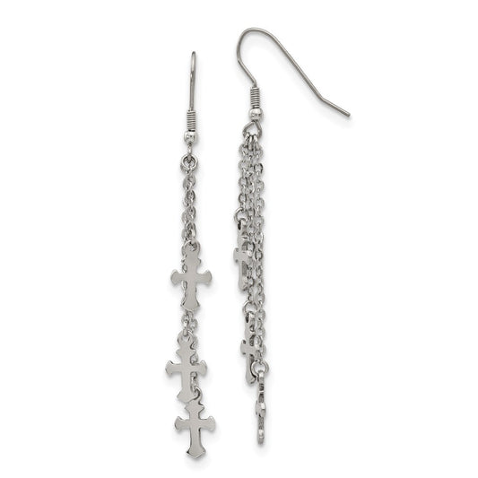SRE908 Chisel Stainless Steel Polished Multi Strand Cross Dangle Shepherd Hook Earrings