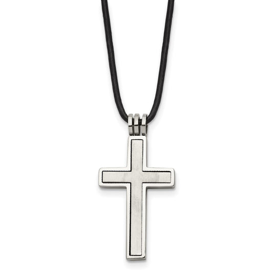 Chisel Stainless Steel Brushed and Polished 2 Piece Movable Cross Pendant on an 18 inch Leather Cord Necklace SRN102-18
